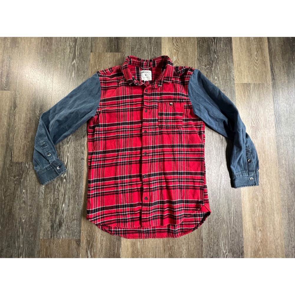 Modern Amusement Flannel Shirt Mens XL Red Plaid Denim Sleeve Mixed Media 4224